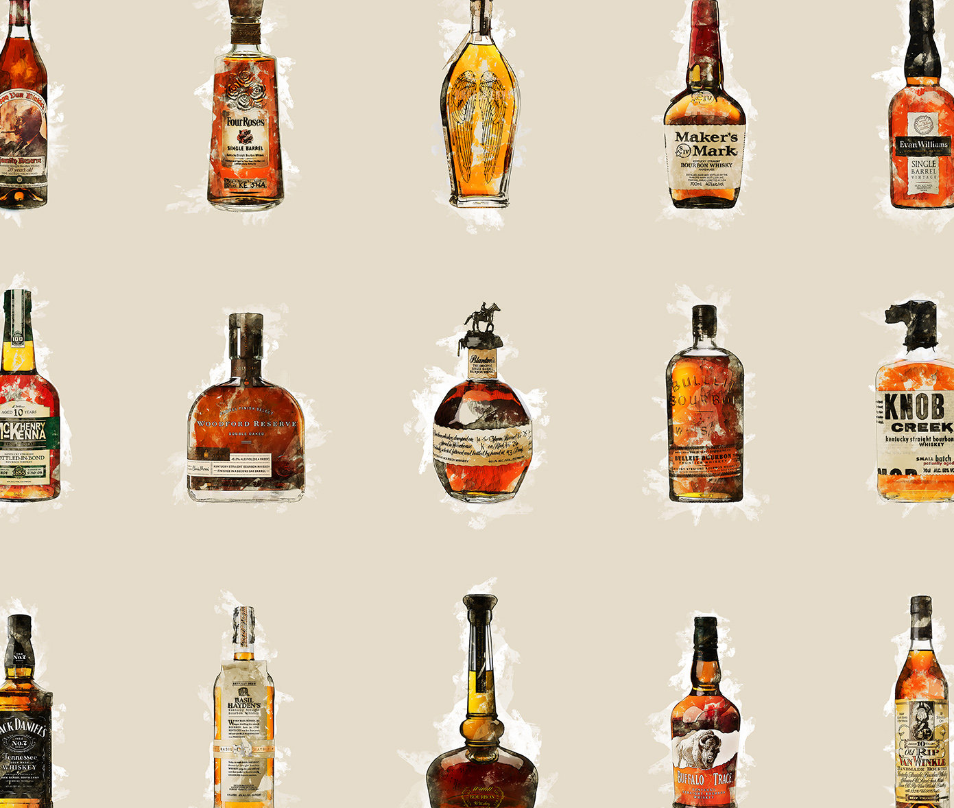 Bourbon Art Print – LARGE Bourbon Bottle Art – Bourbon Collection Art