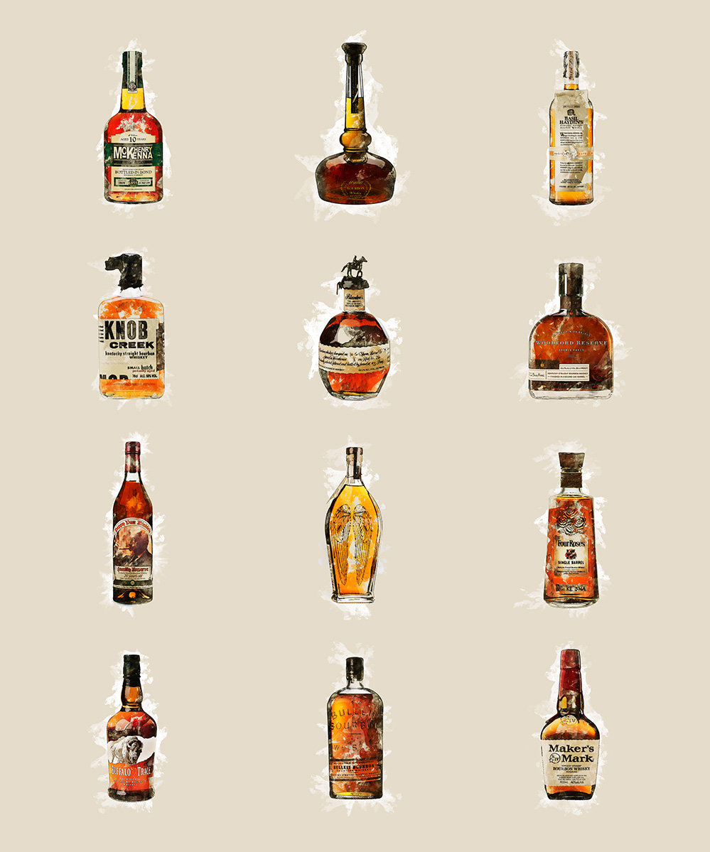 Bourbon Art Print – LARGE Bourbon Bottle Art – Bourbon Collection Art